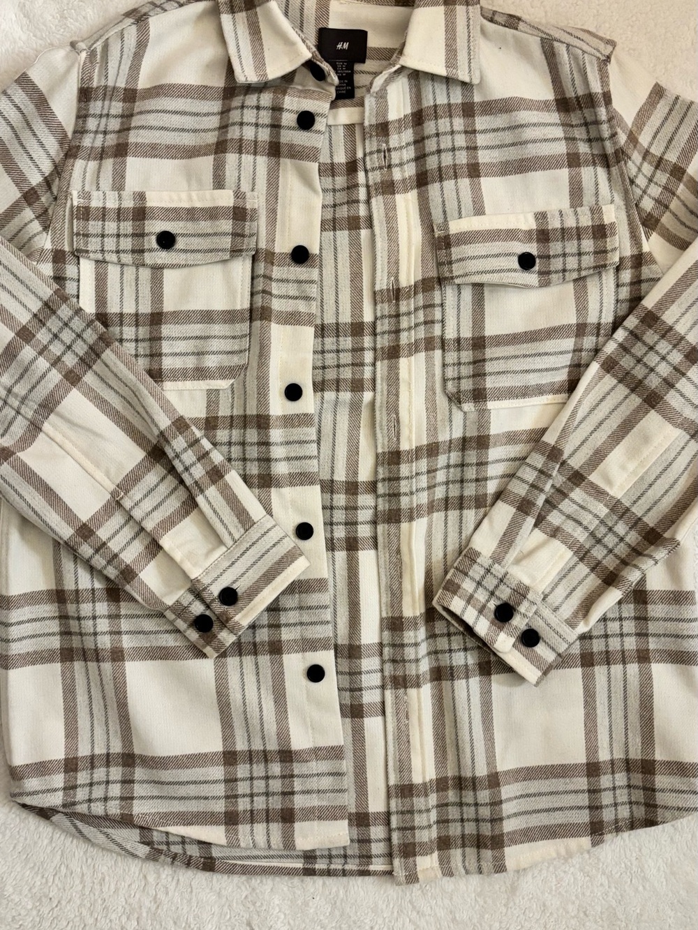 H&M Men's Cream and Brown Plaid Button-Down Overshirt